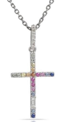 .24CT DIAMOND & AAA MULTICOLOR SAPPHIRE 14K WHITE GOLD 3D CROSS FLOATING PENDANT