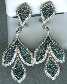 LARGE 3.51CT WHITE & BLUE DIAMOND 18KT WHITE GOLD 3D MULTI LEAF HANGING EARRINGS