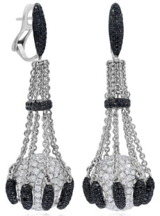 EXTRA LARGE 9.60CT WHITE & BLACK DIAMOND 18KT WHITE GOLD 3D MULTI ROW EARRINGS