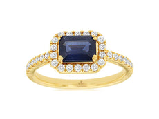 1.43CT DIAMOND & AAA SAPPHIRE 14KT YELLOW GOLD EMERALD CUT & ROUND SIDEWAYS RING