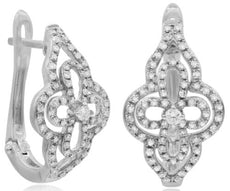 .52CT DIAMOND 14K WHITE GOLD 3D DOUBLE FLOWER CLASSIC LEVERBACK HANGING EARRINGS