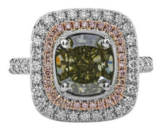 CERTIFIED LARGE 4CT WHITE PINK & GREEN DIAMOND 18KT WHITE & ROSE GOLD HALO RING