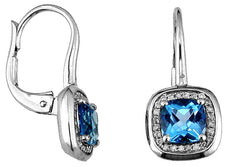 2.35CT DIAMOND & AAA BLUE TOPAZ 14KT WHITE GOLD CUSHION & ROUND HANGING EARRINGS
