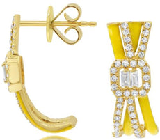 .44CT DIAMOND & YELLOW ENAMEL 14KT YELLOW GOLD ROUND & BAGUETTE HANGING EARRINGS