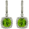 4.78CT DIAMOND & AAA PERIDOT 14KT WHITE GOLD 3D CUSHION & ROUND HANGING EARRINGS