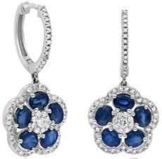3.30CT DIAMOND & AAA SAPPHIRE 14K WHITE GOLD OVAL & ROUND FLOWER HUGGIE EARRINGS