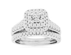 1.0CT DIAMOND 14KT WHITE GOLD ROUND & PRINCESS HALO ENGAGEMENT WEDDING RING SET