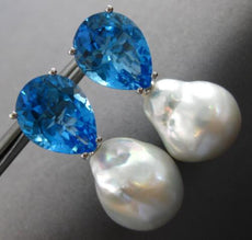 EXTRA LARGE 20.79CT AAA BLUE TOPAZ & SOUTH SEA PEARL 14KT WHITE GOLD 3D EARRINGS