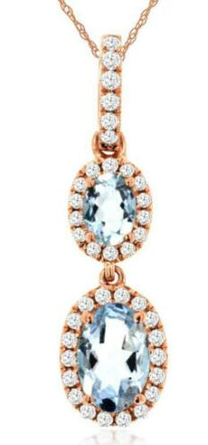 .72CT DIAMOND & AAA AQUAMARINE 14KT ROSE GOLD 3D DOUBLE FLOWER FLOATING PENDANT