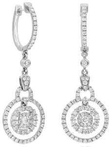 1.23CT DIAMOND 18KT WHITE GOLD FLOWER HALO LOVE KNOT HUGGIE FUN HANGING EARRINGS