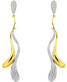 LARGE .82CT DIAMOND 14KT 2 TONE GOLD 3D MULTI WAVE TEAR DROP HANGING EARRINGS