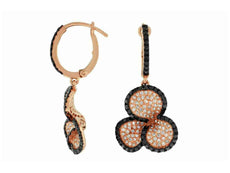 1.52CT WHITE & BLACK DIAMOND 14K ROSE GOLD 3 LEAF CLOVER FLOWER HANGING EARRINGS