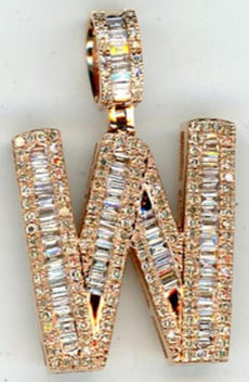 .89CT DIAMOND 14KT ROSE GOLD 3D ROUND & BAGUETTE W INITIAL FUN FLOATING PENDANT