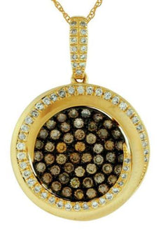 .90CT WHITE & CHOCOLATE FANCY DIAMOND 14KT YELLOW GOLD ROUND CLUSTER FUN PENDANT