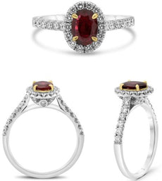 1.17CT DIAMOND & AAA RUBY 14KT 2 TONE GOLD 3D OVAL & ROUND HALO ENGAGEMENT RING