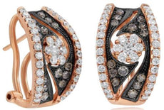 WIDE 1.81CT WHITE & CHOCOLATE FANCY DIAMOND 14K ROSE GOLD 3D FLOWER FUN EARRINGS