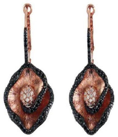 1.19CT WHITE & BLACK DIAMOND 14K ROSE GOLD 3D DOUBLE LEAF FUN LEVERBACK EARRINGS