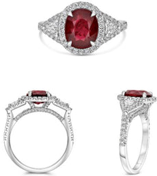 3.4CT DIAMOND & AAA RUBY PLATINUM OVAL & TRILLION 3 STONE HALO ENGAGEMENT RING