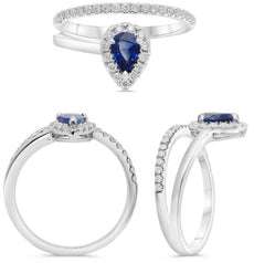 .80CT DIAMOND & AAA SAPPHIRE 14KT WHITE GOLD PEAR SHAPE & ROUND DOUBLE BAND RING