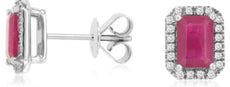 2.4CT DIAMOND & AAA RUBY 14KT WHITE GOLD 3D EMERALD CUT & ROUND STUD EARRINGS