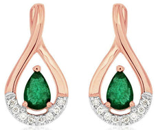 ESTATE .87CT DIAMOND & AAA EMERALD 14KT ROSE GOLD 3D TEAR DROP HANGING EARRINGS