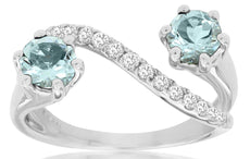 1.25CT DIAMOND & AAA AQUAMARINE 14KT WHITE GOLD 3D 2 STONE CRISS CROSS LOVE RING