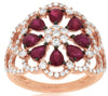 WIDE 2.15CT DIAMOND & AAA RUBY 14KT ROSE GOLD PEAR SHAPE & ROUND FLOWER FUN RING