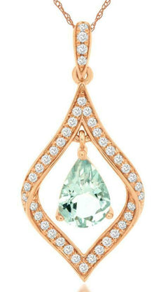 .82CT DIAMOND & AAA AQUAMARINE 14KT ROSE GOLD 3D TEAR DROP LOVE FLOATING PENDANT