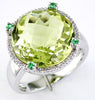 LARGE 11.0CT DIAMOND & AAA LEMON QUARTZ & AAA EMERALD 14KT WHITE GOLD HALO RING