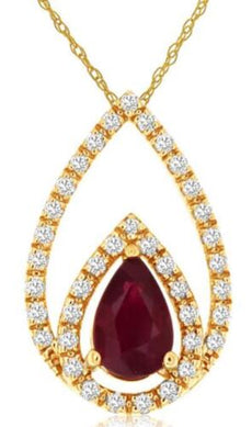 1.6CT DIAMOND & AAA RUBY 14KT YELLOW GOLD 3D PEAR SHAPE & ROUND FLOATING PENDANT