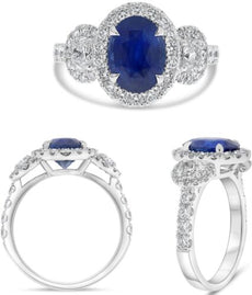 3.68CT DIAMOND AAA SAPPHIRE 18KT WHITE GOLD OVAL & ROUND 3 STONE ENGAGEMENT RING