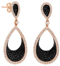 2.64CT WHITE & BLACK DIAMOND 14KT ROSE GOLD OPEN TEAR DROP FUN HANGING EARRINGS