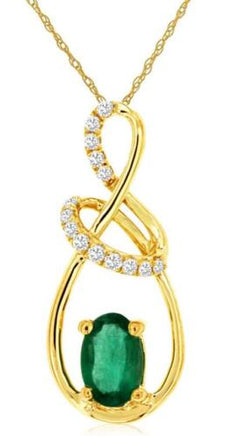 .52CT DIAMOND & AAA EMERALD 14KT YELLOW GOLD 3D OVAL LOVE KNOT FLOATING PENDANT