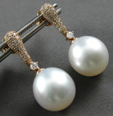ESTATE .37CT DIAMOND & AAA SOUTH SEA PEARL 18K ROSE GOLD 3D FUN HANGING EARRINGS