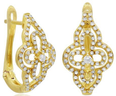 .52CT DIAMOND 14KT YELLOW GOLD DOUBLE FLOWER CLASSIC LEVERBACK HANGING EARRINGS