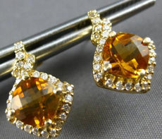 ESTATE 2.48CT DIAMOND & AAA CITRINE 14K YELLOW GOLD SQUARE HALO HANGING EARRINGS