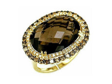11.95CT WHITE & MOCHA DIAMOND & AAA SMOKY TOPAZ 14KT YELLOW GOLD OVAL HALO RING