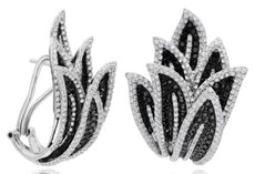 LARGE 7.44CT WHITE & BLACK DIAMOND 18KT WHITE GOLD MULTI LEAF HANGING EARRINGS