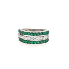 1.29CT DIAMOND & AAA EMERALD 18KT WHITE GOLD THREE ROW WEDDING ANNIVERSARY RING