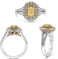1.43CT WHITE & FANCY YELLOW DIAMOND 18KT TWO TONE GOLD OVAL & ROUND 3D HALO RING