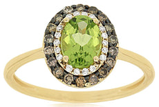 1.23CT WHITE & MOCHA DIAMOND & AAA PERIDOT 14K YELLOW GOLD OVAL & ROUND FUN RING
