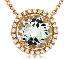 1.84CT DIAMOND & AAA AQUAMARINE 14KT ROSE GOLD CLASSIC ROUND HALO LOVE NECKLACE