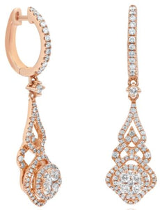 .96CT DIAMOND 14KT ROSE GOLD 3D CLASSIC FLOWER TEAR DROP HUGGIE HANGING EARRINGS