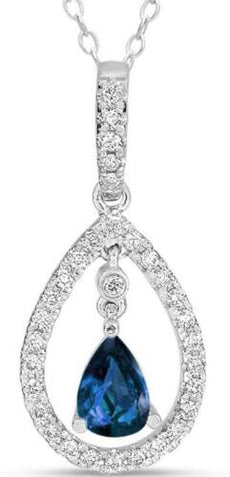 .88CT DIAMOND & AAA SAPPHIRE 14KT WHITE GOLD ROUND & PEAR SHAPE FLOATING PENDANT