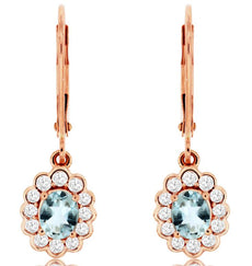 .93CT DIAMOND & AAA AQUAMARINE 14KT ROSE GOLD 3D OVAL & ROUND HANGING EARRINGS