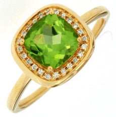 1.74CT DIAMOND & AAA PERIDOT 14KT YELLOW GOLD 3D CUSHION & ROUND HALO LOVE RING