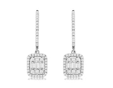 .52CT DIAMOND 14K WHITE GOLD ROUND & BAGUETTE CLUSTER INVISIBLE HANGING EARRINGS