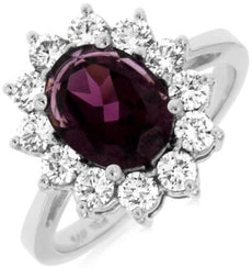 3.25CT DIAMOND & AAA RHODOLITE 14KT WHITE GOLD OVAL ROUND FLOWER ENGAGEMENT RING