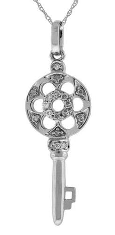 ESTATE .10CT DIAMOND 14KT WHITE GOLD 3D KEY TO YOUR HEART FUN FLOATING PENDANT
