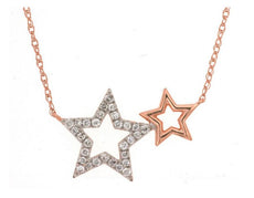 ESTATE .16CT DIAMOND 14KT ROSE GOLD 3D CLASSIC DOUBLE STAR LOVE NECKLACE